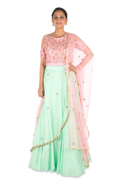 Anju Agarwal Hand Embroidered Pink & Sea Green Lehenga Set