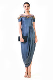 Anushree Agarwal Grey Hand Embroidered Cold Shoulder Draped Gown
