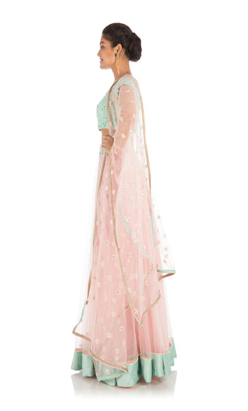 Anju Agarwal Blush Pink And Aqua Off Shoulder Lehenga Set