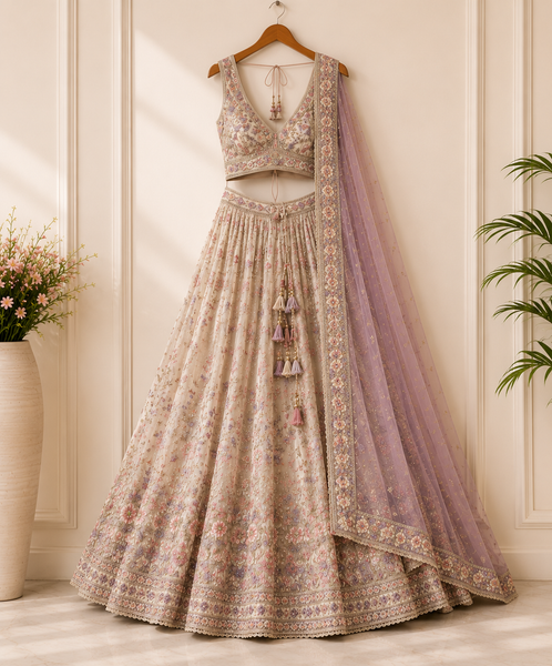 Ivory Floral Embroidered Designer Lehenga Set with Lavender Net Dupatta