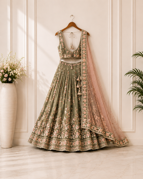 Olive Green Floral Embroidered Designer Lehenga Set with Blush Pink Net Dupatta