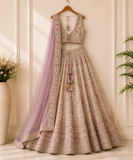 Ivory Floral Embroidered Designer Lehenga Set with Lavender Net Dupatta