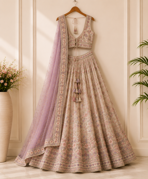 Ivory Floral Embroidered Designer Lehenga Set with Lavender Net Dupatta