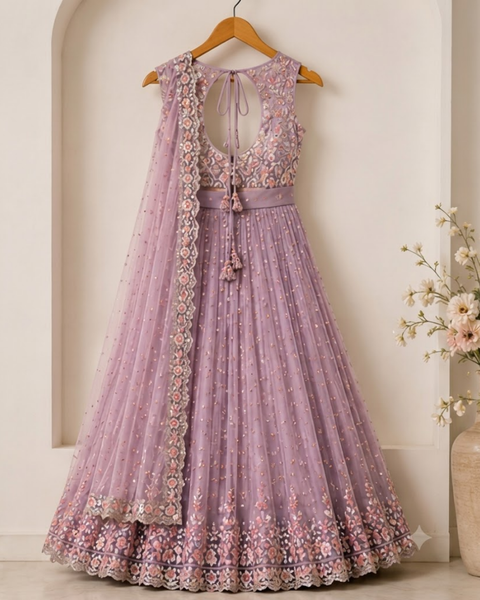 Lavender Floral Embroidered Designer Lehenga Set with Net Dupatta