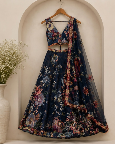 Midnight Blue Floral Printed Designer Lehenga Set with Net Dupatta