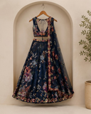 Midnight Blue Floral Printed Designer Lehenga Set with Net Dupatta