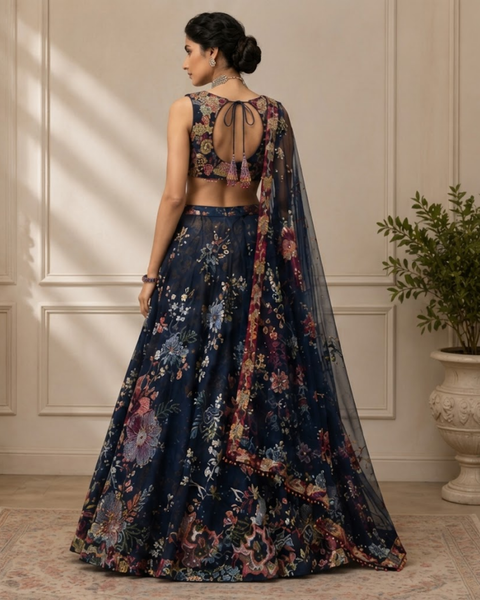 Midnight Blue Floral Printed Designer Lehenga Set with Net Dupatta