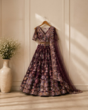 Wine Purple Floral Embroidered Designer Lehenga Set with Net Dupatta