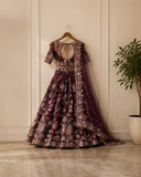 Wine Purple Floral Embroidered Designer Lehenga Set with Net Dupatta