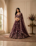 Wine Purple Floral Embroidered Designer Lehenga Set with Net Dupatta