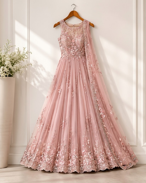 Blush Pink Embroidered lehnga with Net Dupatta