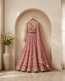 Dusty Rose Floral Embroidered Designer Lehenga Set with Net Dupatta