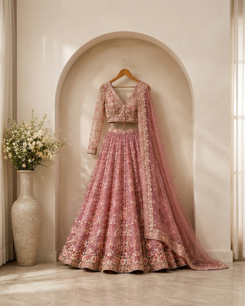 Dusty Rose Floral Embroidered Designer Lehenga Set with Net Dupatta