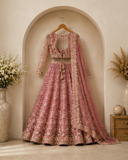 Dusty Rose Floral Embroidered Designer Lehenga Set with Net Dupatta
