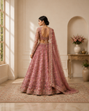 Dusty Rose Floral Embroidered Designer Lehenga Set with Net Dupatta
