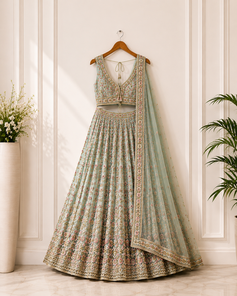 Sage Green Floral Embroidered Designer Lehenga Set with Net Dupatta