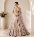 Ivory Floral Embroidered Designer Lehenga Set with Lavender Net Dupatta