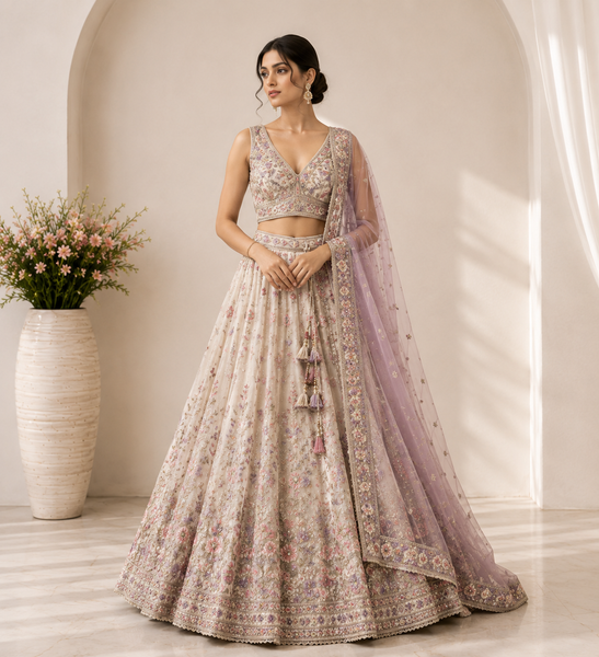 Ivory Floral Embroidered Designer Lehenga Set with Lavender Net Dupatta