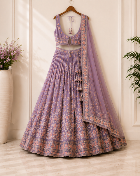 Floral Embroidered Designer Lehenga Set with Net Dupatta