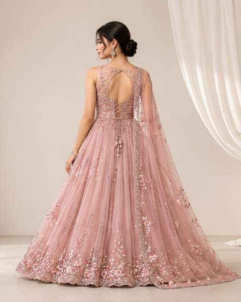 Blush Pink Embroidered lehnga with Net Dupatta