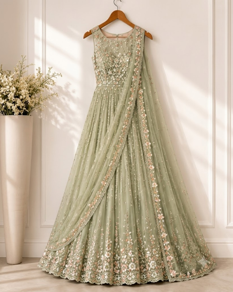 Sage Green Floral Embroidered lehnga with Net Dupatta