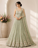 Sage Green Floral Embroidered lehnga with Net Dupatta