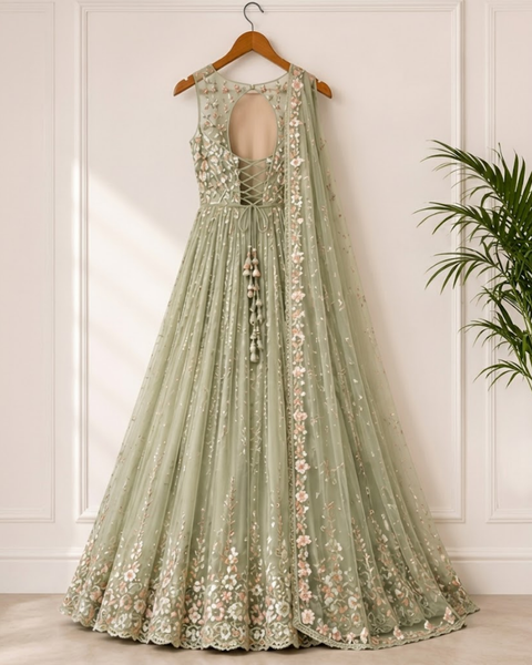 Sage Green Floral Embroidered lehnga with Net Dupatta