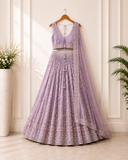 Lavender Floral Embroidered Designer Lehenga Set with Net Dupatta