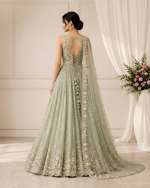 Sage Green Floral Embroidered lehnga with Net Dupatta