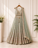 Sage Green Floral Embroidered Designer Lehenga Set with Net Dupatta