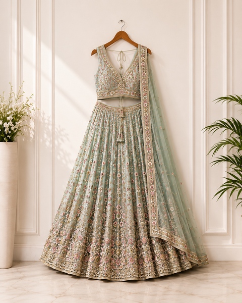 Sage Green Floral Embroidered Designer Lehenga Set with Net Dupatta