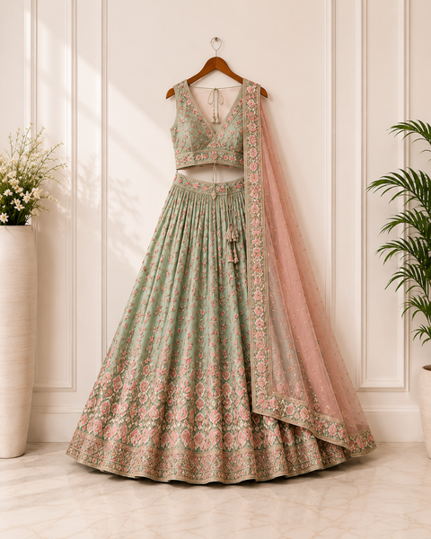 Mint Green Floral Embroidered Designer Lehenga Set with Blush Pink Net Dupatta