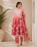 Pink Ombre Printed A-Line Kurta Set with Printed Dupatta