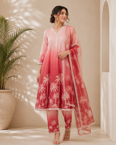 Pink Ombre Printed A-Line Kurta Set with Printed Dupatta