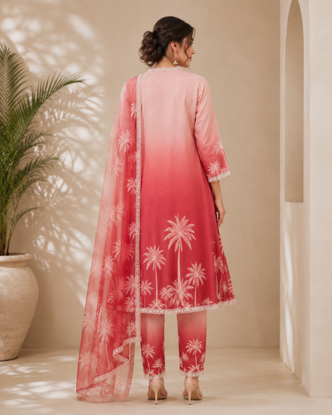 Pink Ombre Printed A-Line Kurta Set with Printed Dupatta