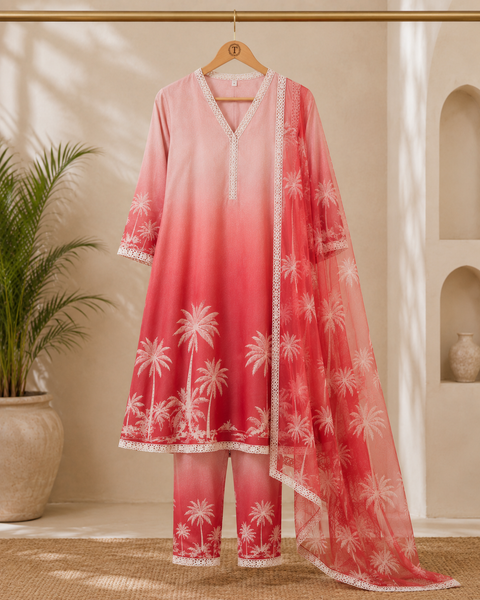 Pink Ombre Printed A-Line Kurta Set with Printed Dupatta