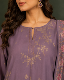 Lavender Floral Printed Asymmetrical Kurta Set with Printed Dupatta