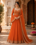 Rust Orange Embroidered Bell Sleeve Anarkali Suit Set