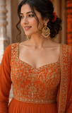 Rust Orange Embroidered Bell Sleeve Anarkali Suit Set