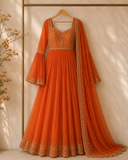 Rust Orange Embroidered Bell Sleeve Anarkali Suit Set