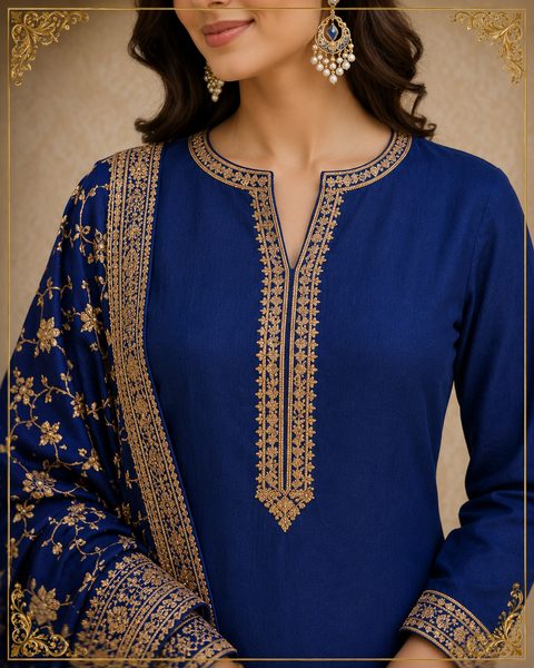 Royal Blue Embroidered Dhoti Kurta Set with Designer Dupatta