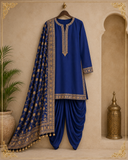 Royal Blue Embroidered Dhoti Kurta Set with Designer Dupatta