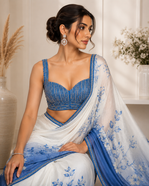 Azure Bloom Ombre Floral Designer Saree
