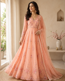 Peach Floral Embroidered Floor-Length Anarkali Suit Set