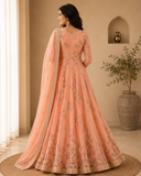Peach Floral Embroidered Floor-Length Anarkali Suit Set