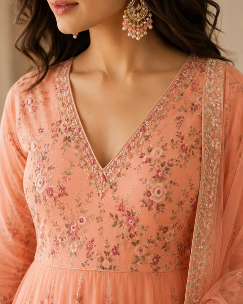 Peach Floral Embroidered Floor-Length Anarkali Suit Set