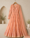 Peach Floral Embroidered Floor-Length Anarkali Suit Set