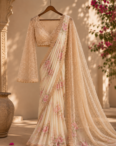 Blush Petals Floral Elegance Designer Saree