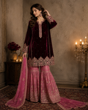 Wine Velvet Embroidered Gharara Set with Printed Dupatta