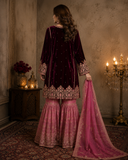 Wine Velvet Embroidered Gharara Set with Printed Dupatta